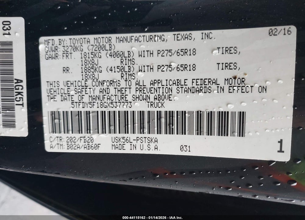 2016 TOYOTA TUNDRA SR5 5.7L V8 VIN: 5TFDY5F18GX537773