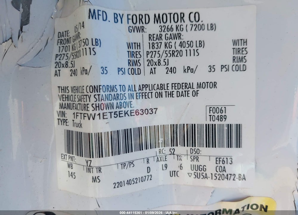2014 FORD F-150 XLT VIN: 1FTFW1ET5EKE63037