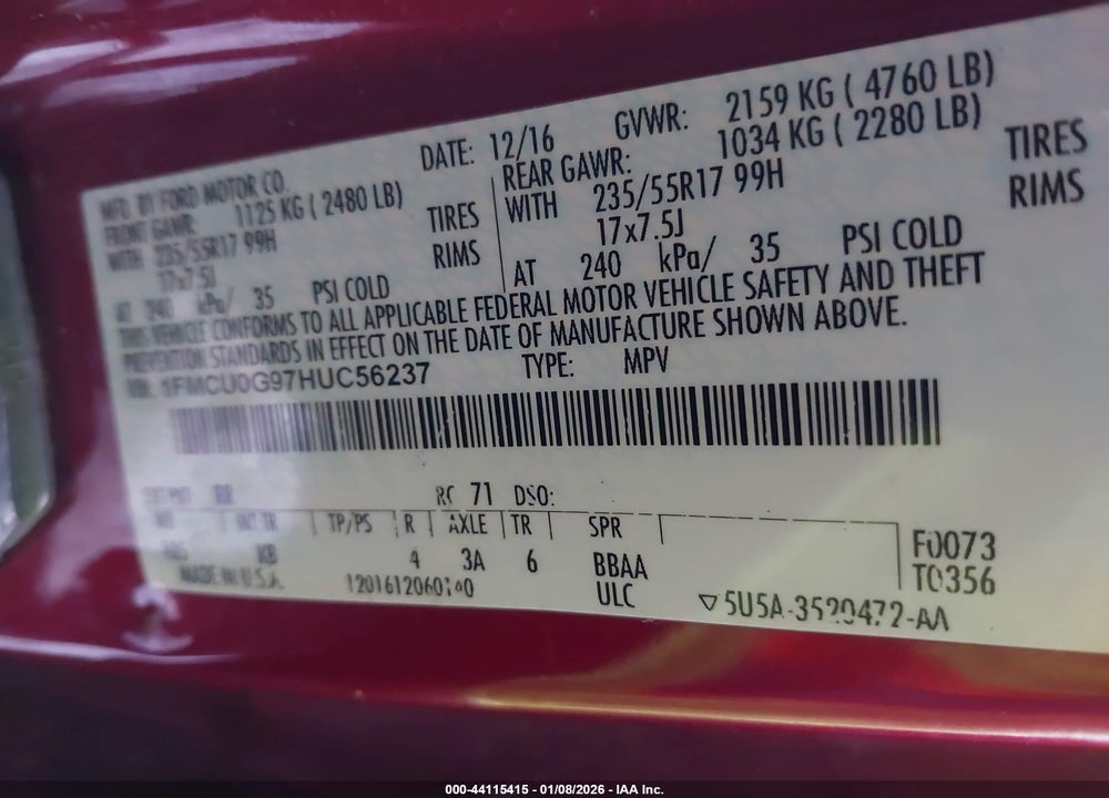 2017 FORD ESCAPE SE VIN: 1FMCU0G97HUC56237