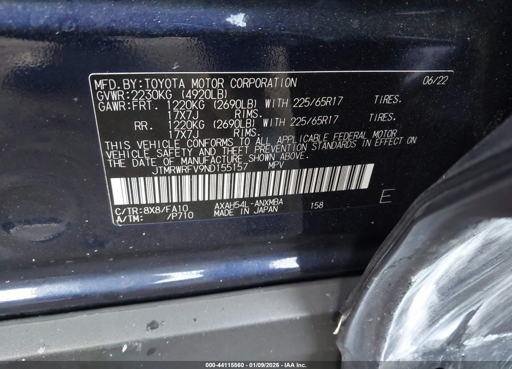 2022 TOYOTA RAV4 HYBRID XLE VIN: JTMRWRFV9ND155157