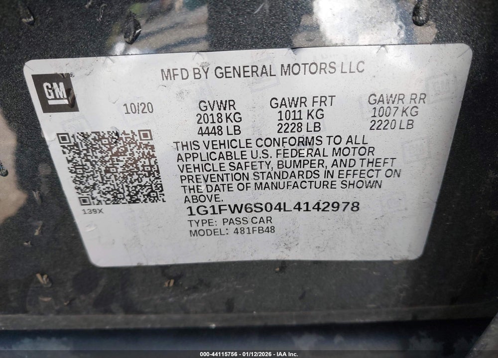 2020 CHEVROLET BOLT EV FWD LT VIN: 1G1FW6S04L4142978