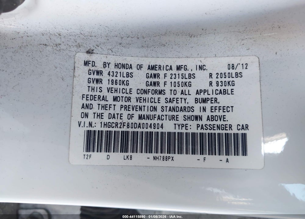 2013 HONDA ACCORD EX-L VIN: 1HGCR2F80DA004904