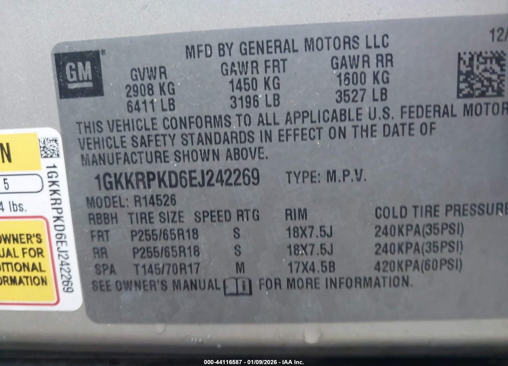 2014 GMC ACADIA SLE-2 VIN: 1GKKRPKD6EJ242269