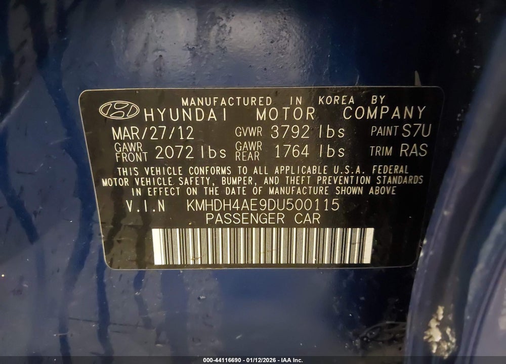2013 HYUNDAI ELANTRA GLS (ULSAN PLANT) VIN: KMHDH4AE9DU500115