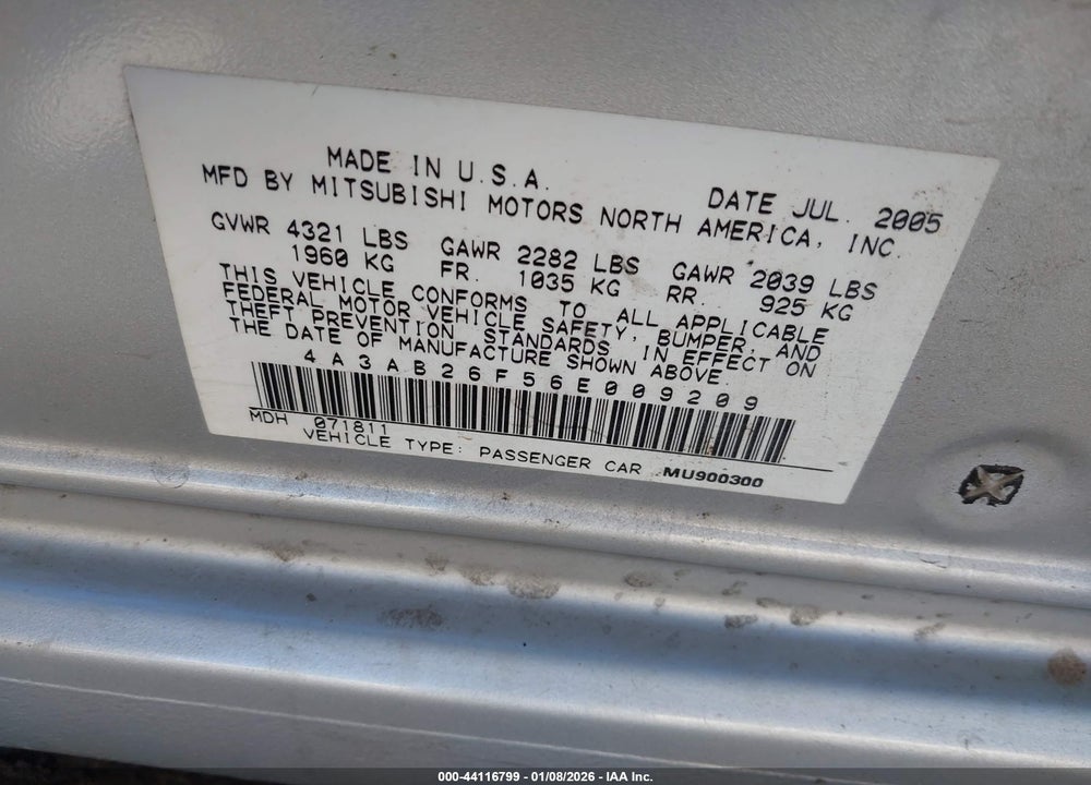 2006 MITSUBISHI GALANT DE VIN: 4A3AB26F56E009209