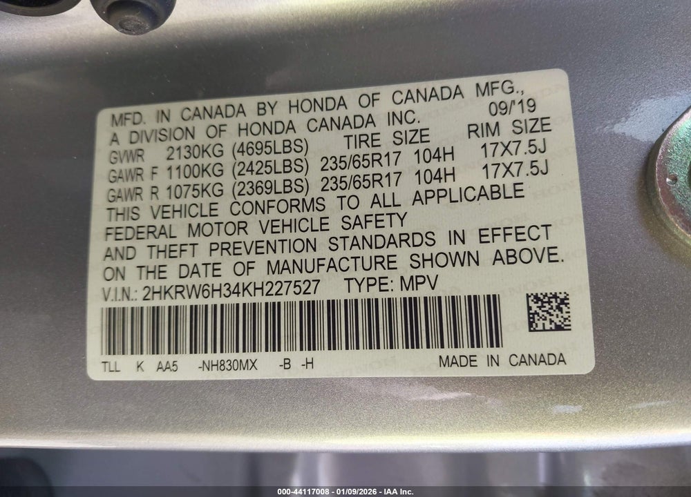 2019 HONDA CR-V LX VIN: 2HKRW6H34KH227527