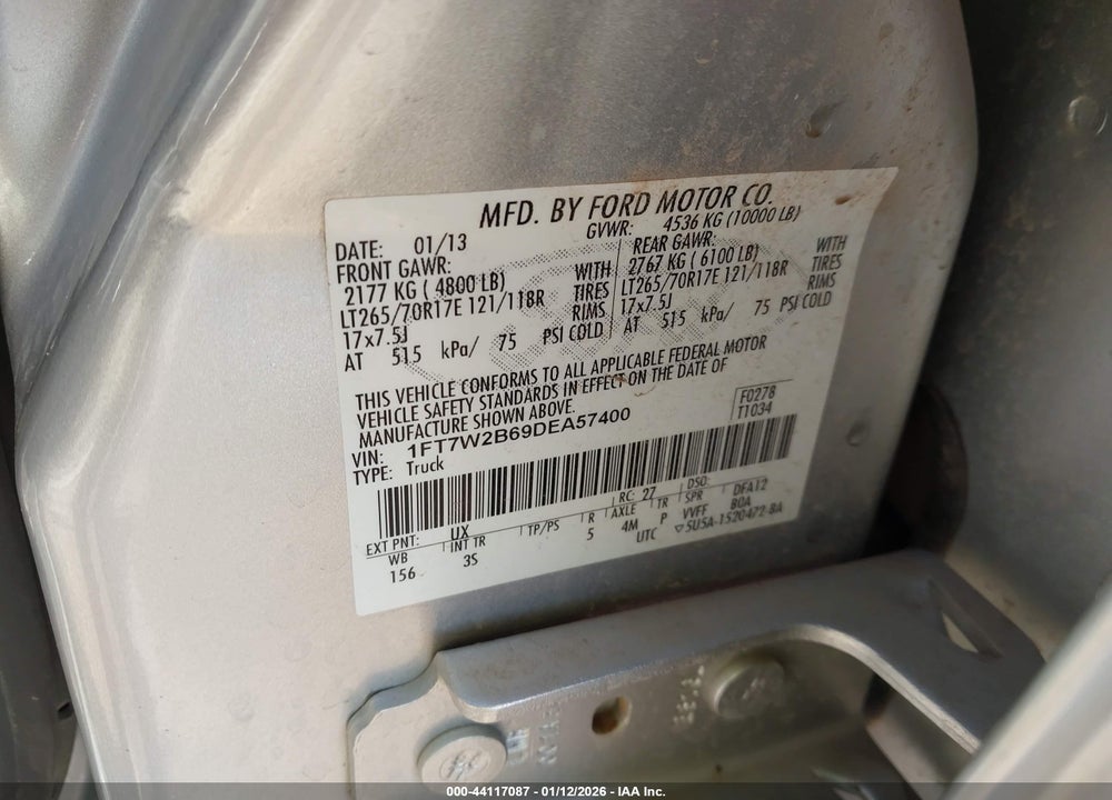 2013 FORD F-250 XLT VIN: 1FT7W2B69DEA57400