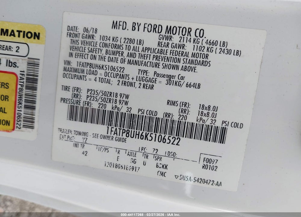 2019 FORD MUSTANG ECOBOOST PREMIUM VIN: 1FATP8UH6K5106522