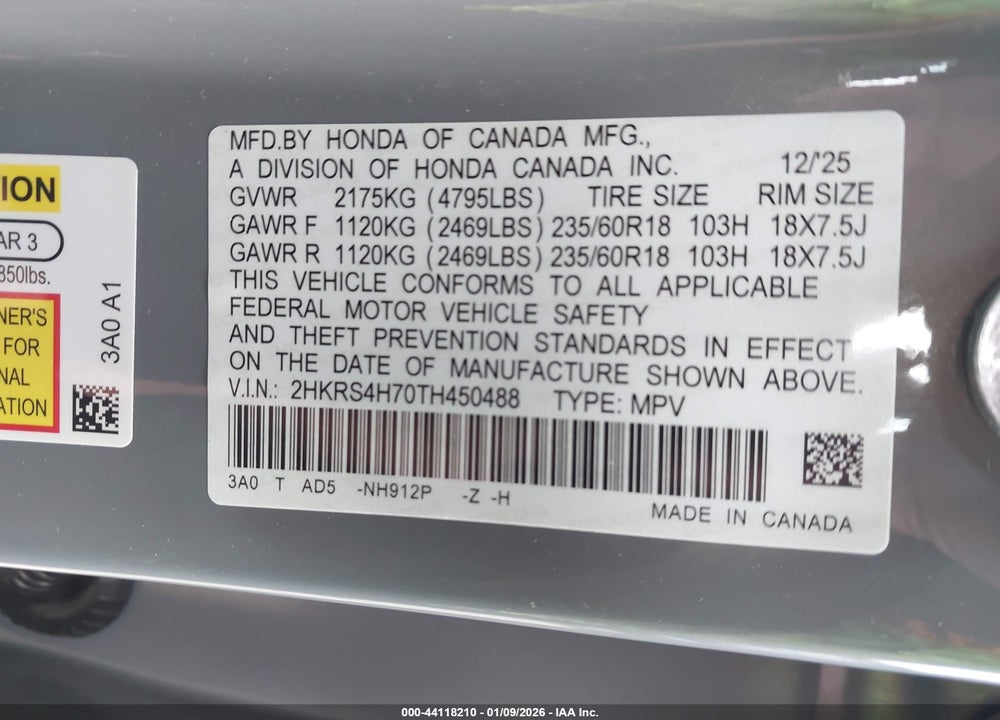 2026 HONDA CR-V EX-L AWD VIN: 2HKRS4H70TH450488