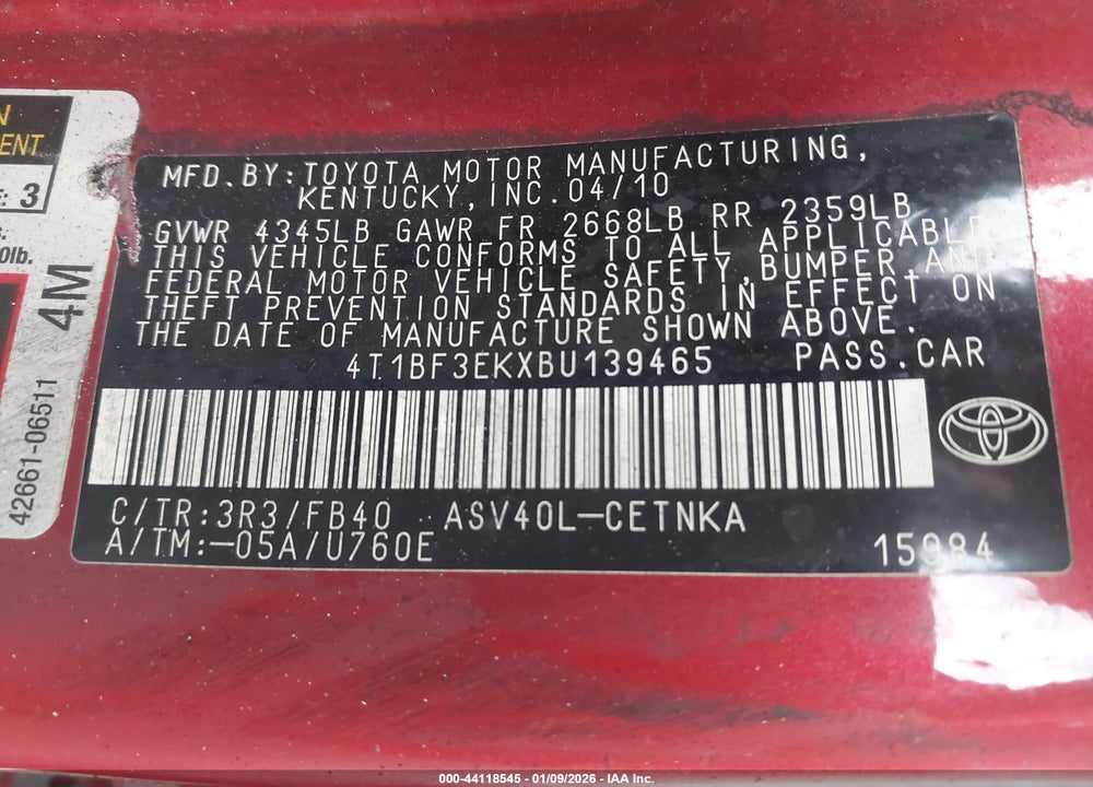 2011 TOYOTA CAMRY LE VIN: 4T1BF3EKXBU139465