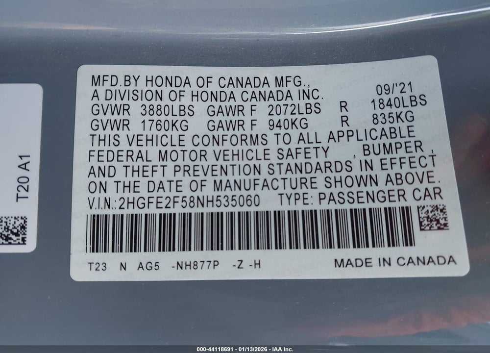 2022 HONDA CIVIC SPORT VIN: 2HGFE2F58NH535060
