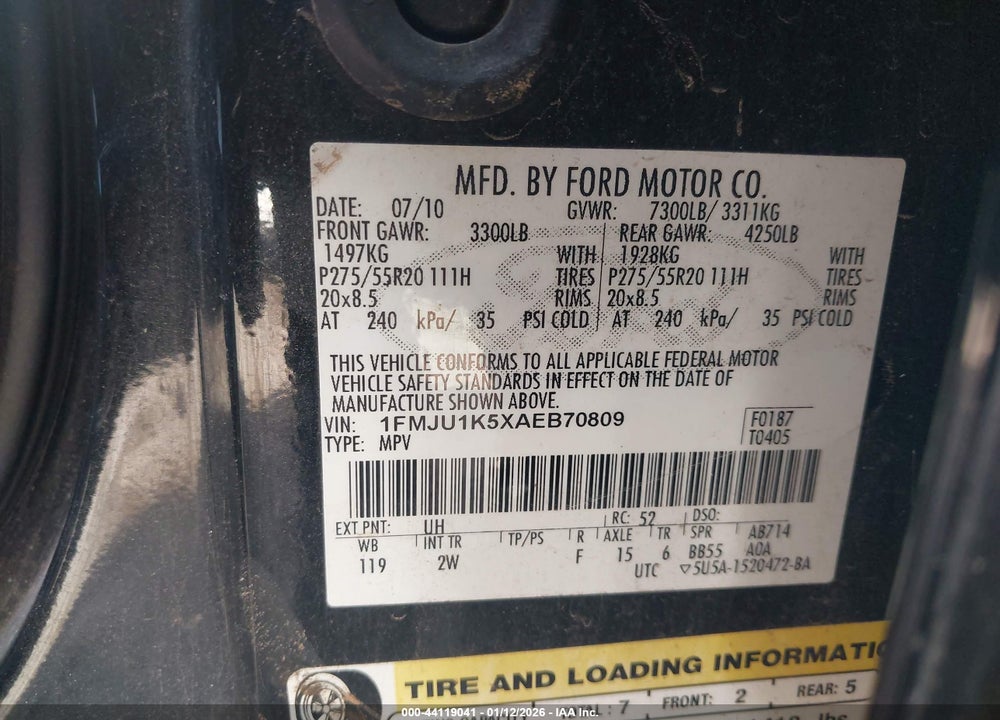 2010 FORD EXPEDITION LIMITED VIN: 1FMJU1K5XAEB70809