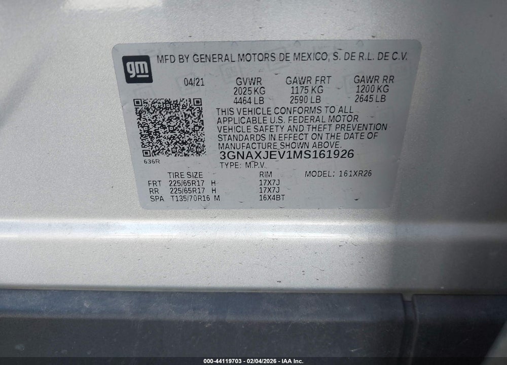 2021 CHEVROLET EQUINOX FWD 2FL VIN: 3GNAXJEV1MS161926