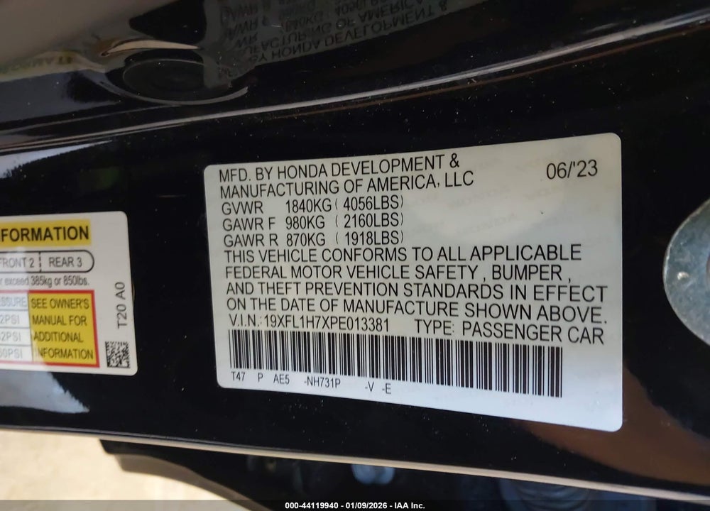 2023 HONDA CIVIC EX-L/EX-L W/O BSI VIN: 19XFL1H7XPE013381