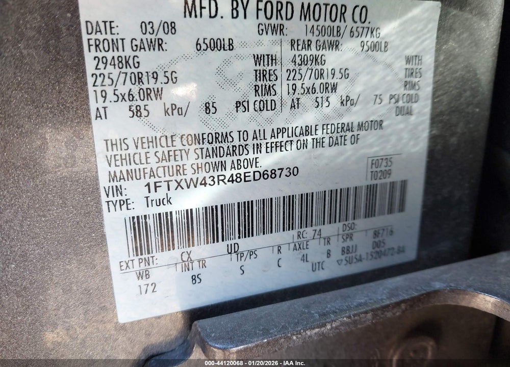 2008 FORD F-450 KING RANCH/LARIAT/XL/XLT VIN: 1FTXW43R48ED68730