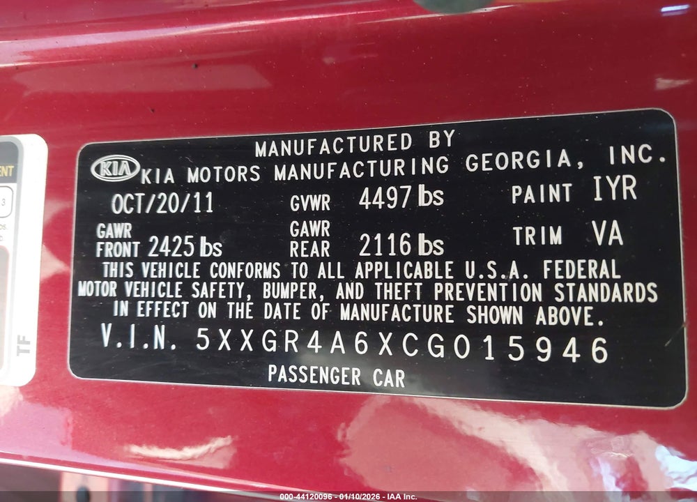 2012 KIA OPTIMA SX VIN: 5XXGR4A6XCG015946