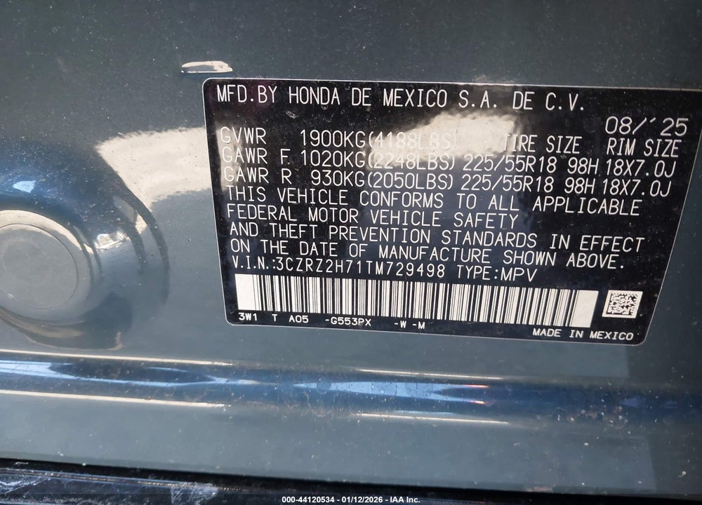 2026 HONDA HR-V AWD EX-L VIN: 3CZRZ2H71TM729498