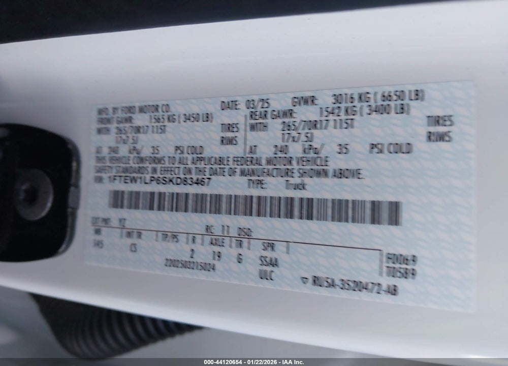 2025 FORD F-150 XL VIN: 1FTEW1LP6SKD83467