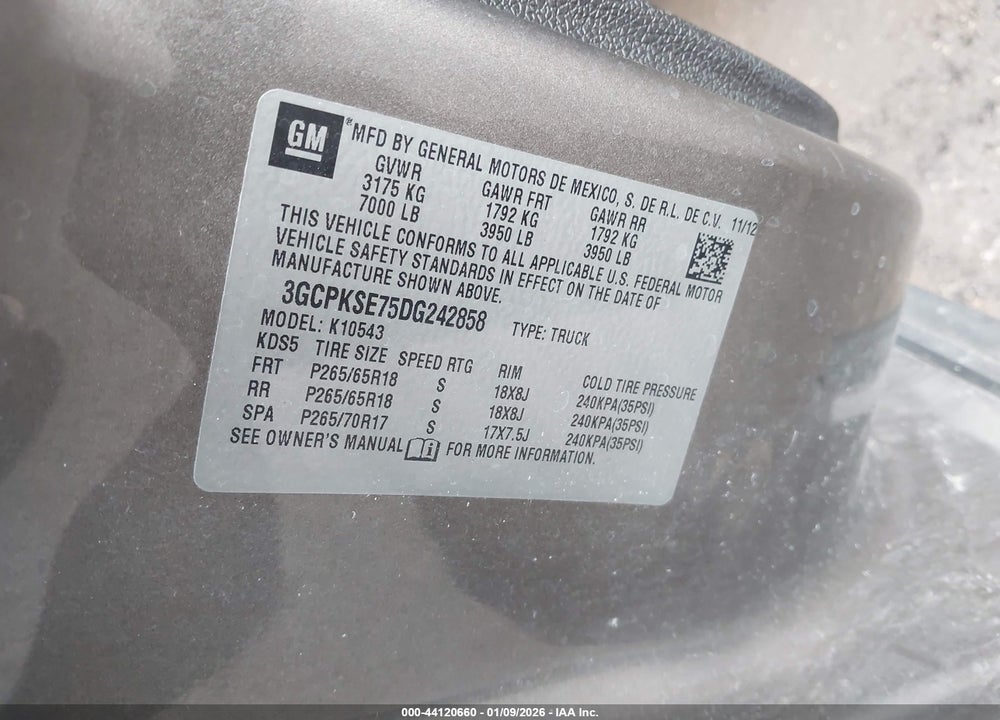 2013 CHEVROLET SILVERADO 1500 LT VIN: 3GCPKSE75DG242858