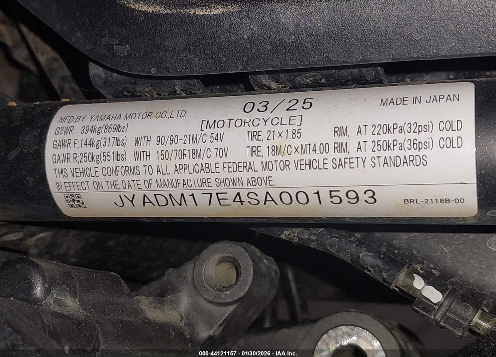 2025 YAMAHA XTZ690 VIN: JYADM17E4SA001593
