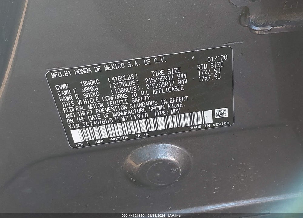 2020 HONDA HR-V AWD EX VIN: 3CZRU6H57LM714878