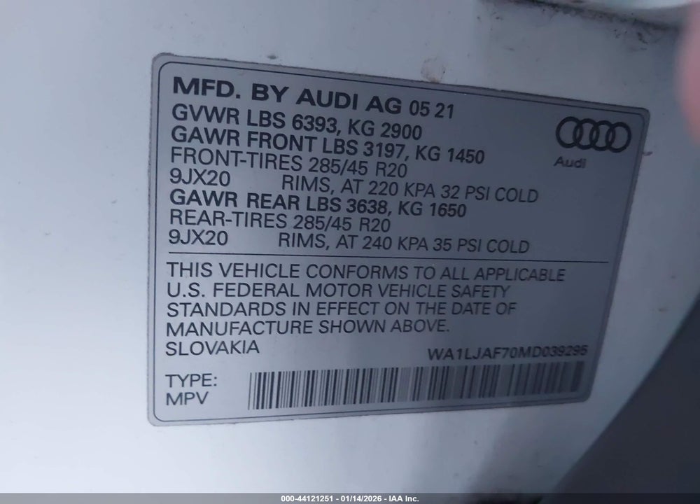 2021 AUDI Q7 PREMIUM PLUS 45 TFSI QUATTRO TIPTRONIC VIN: WA1LJAF70MD039295