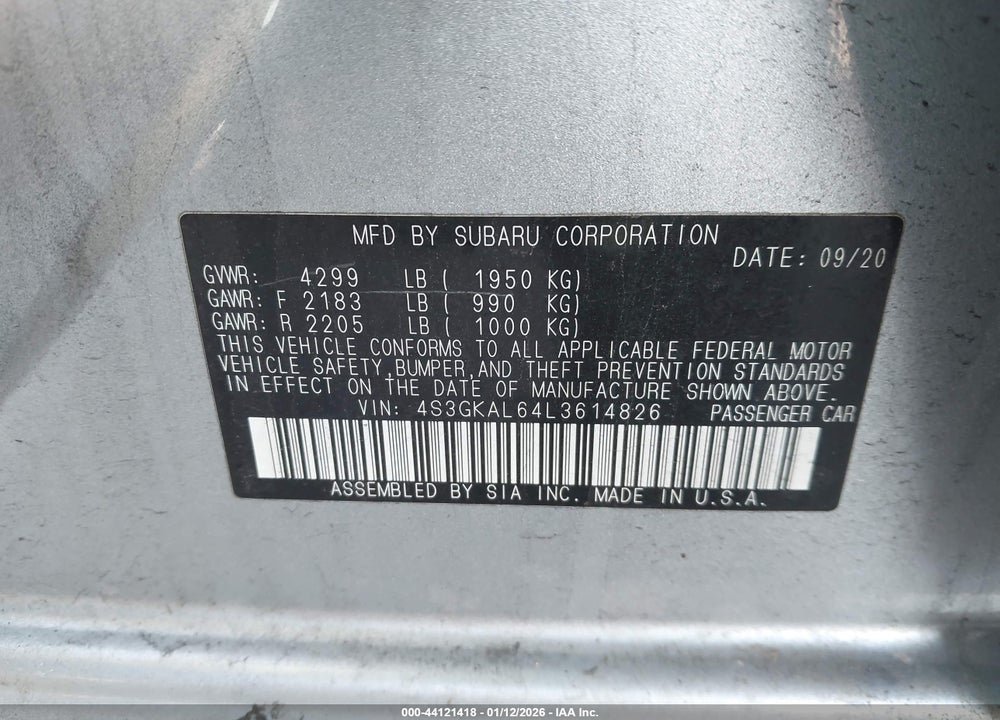 2020 SUBARU IMPREZA SPORT VIN: 4S3GKAL64L3614826