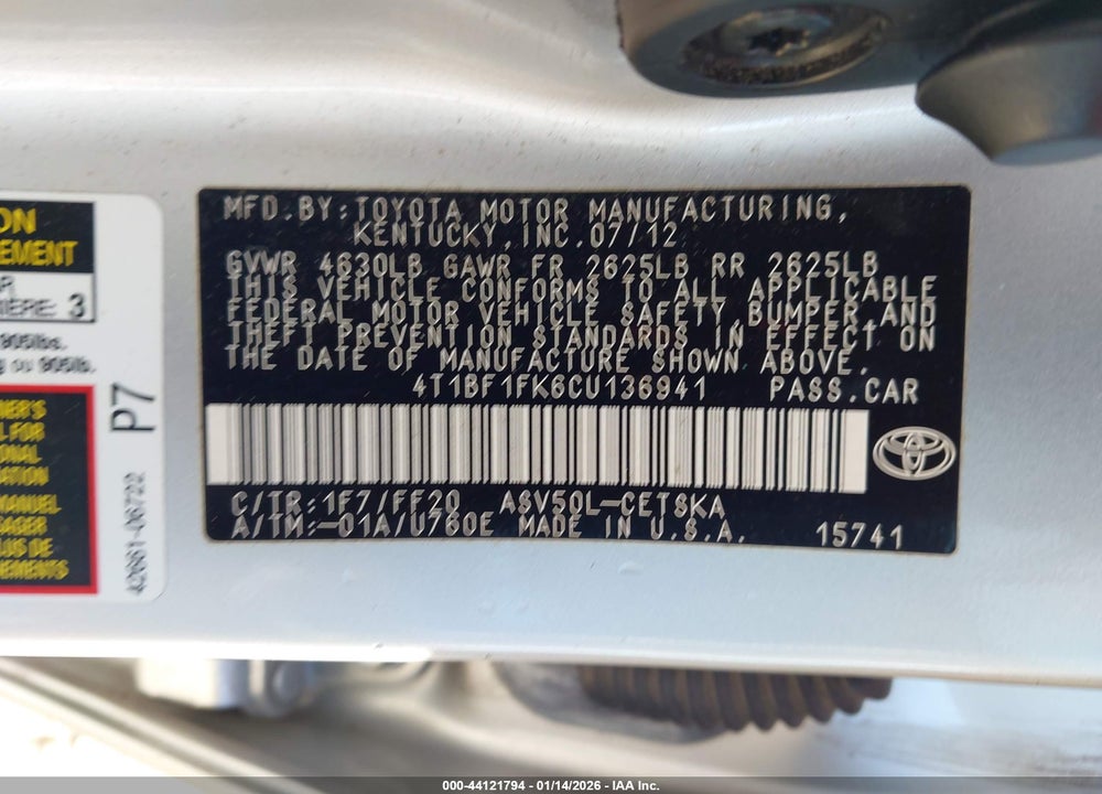 2012 TOYOTA CAMRY SE VIN: 4T1BF1FK6CU136941