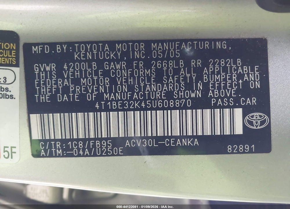 2005 TOYOTA CAMRY LE VIN: 4T1BE32K45U608870