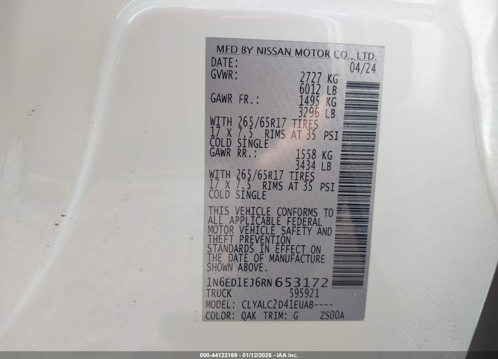 2024 NISSAN FRONTIER SV 4X2 VIN: 1N6ED1EJ6RN653172