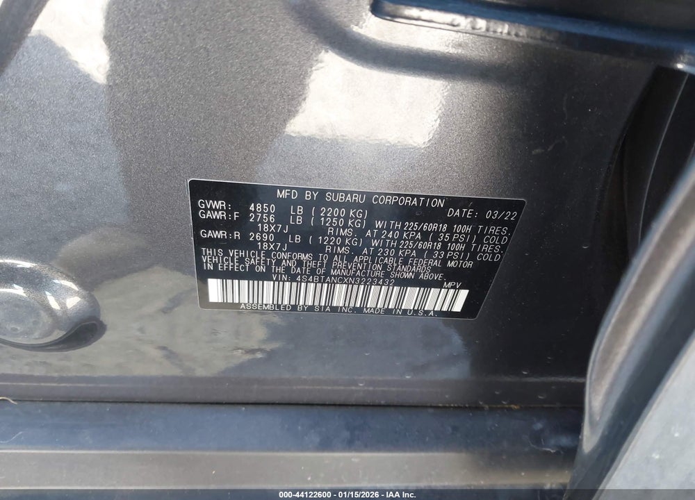 2022 SUBARU OUTBACK LIMITED VIN: 4S4BTANCXN3223432