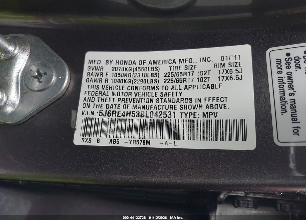 2011 HONDA CR-V EX VIN: 5J6RE4H53BL042531