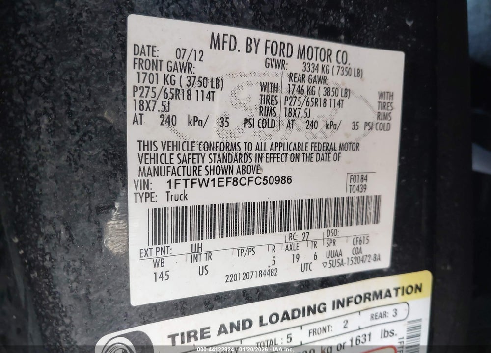 2012 FORD F-150 XLT VIN: 1FTFW1EF8CFC50986