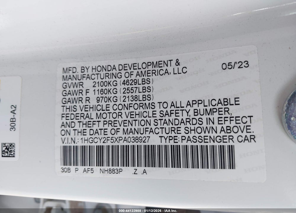 2023 HONDA ACCORD HYBRID SPORT VIN: 1HGCY2F5XPA038927