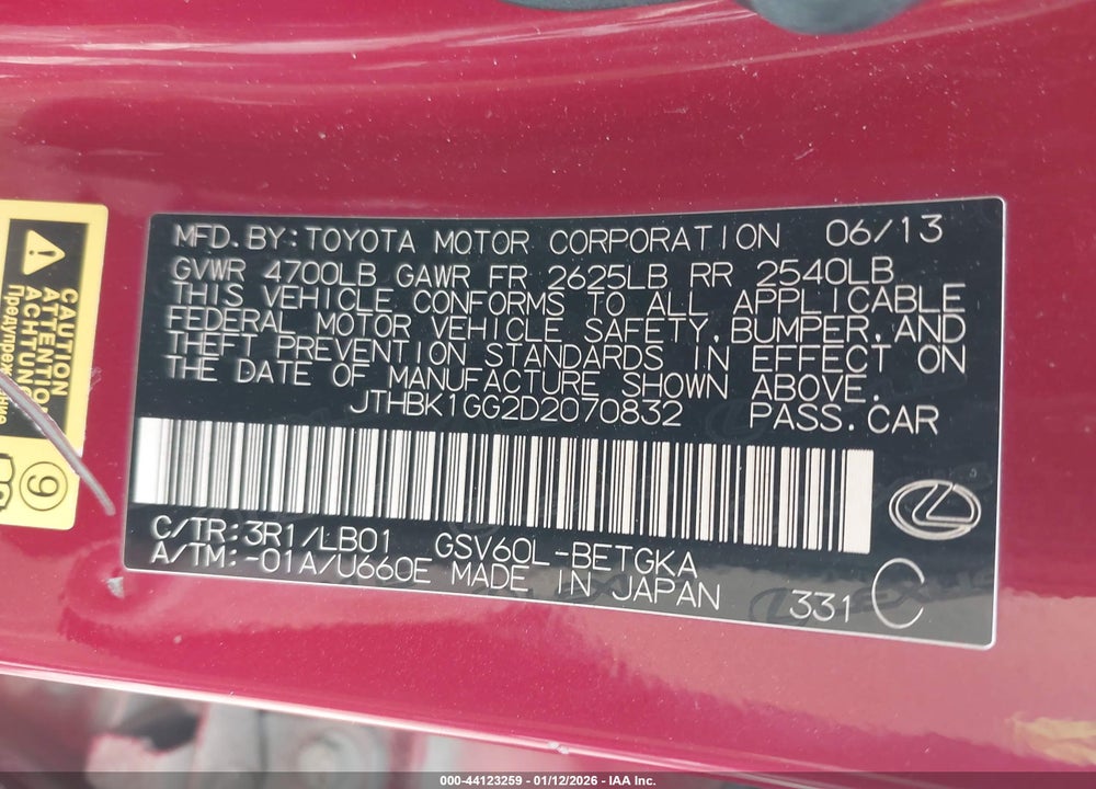 2013 LEXUS ES 350 VIN: JTHBK1GG2D2070832
