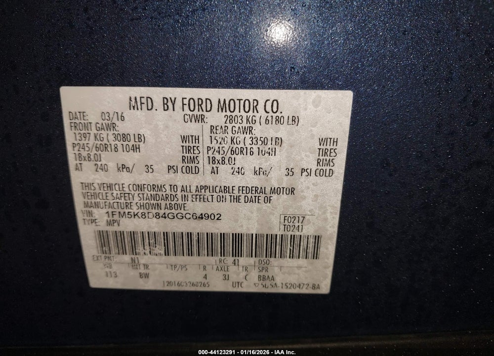 2016 FORD EXPLORER XLT VIN: 1FM5K8D84GGC64902
