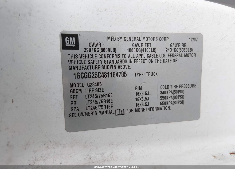 2008 CHEVROLET EXPRESS WORK VAN VIN: 1GCGG25C481164785