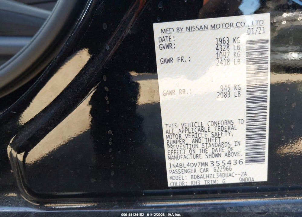 2021 NISSAN ALTIMA SV FWD VIN: 1N4BL4DV7MN355436