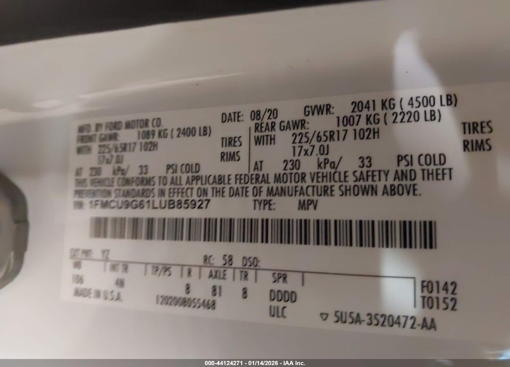 2020 FORD ESCAPE SE VIN: 1FMCU9G61LUB85927