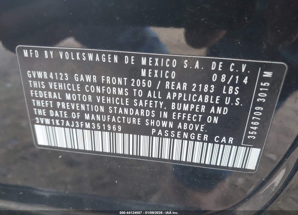 2015 VOLKSWAGEN JETTA 2.0L S VIN: 3VW1K7AJ3FM351969