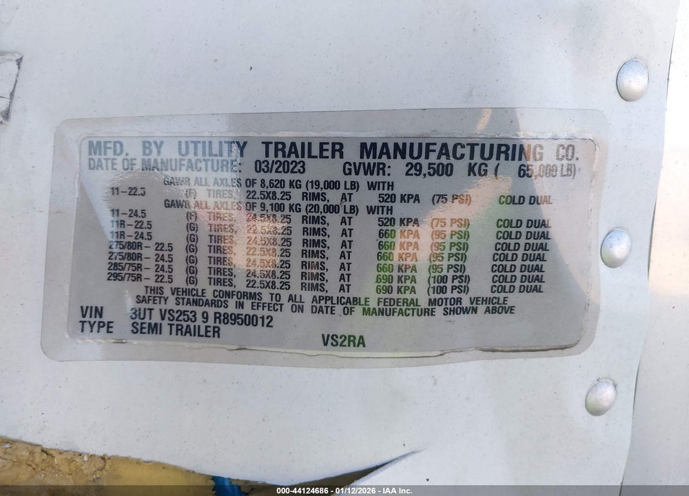 2024 UTILITY TRAILER MFG 53' REEFER SEMI TRAILER VIN: 3UTVS2539R8950012
