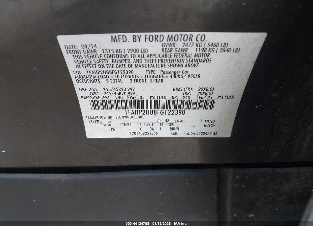 2015 FORD TAURUS SEL VIN: 1FAHP2H88FG122390