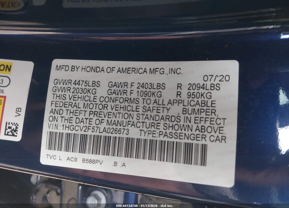 2020 HONDA ACCORD EX-L VIN: 1HGCV2F57LA026673