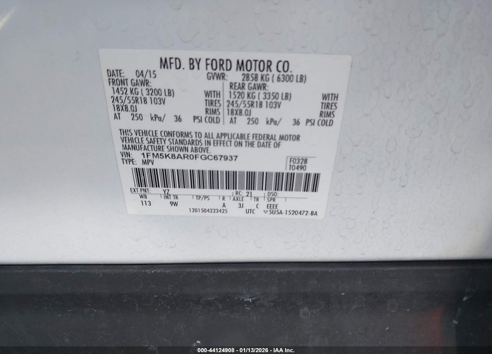 2015 UTILITY FORD  POLICE INTERCEPTOR VIN: 1FM5K8AR0FGC67937