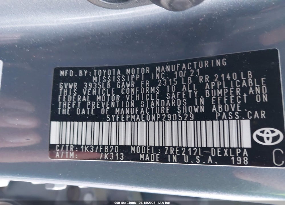 2022 TOYOTA COROLLA LE VIN: 5YFEPMAE0NP290529