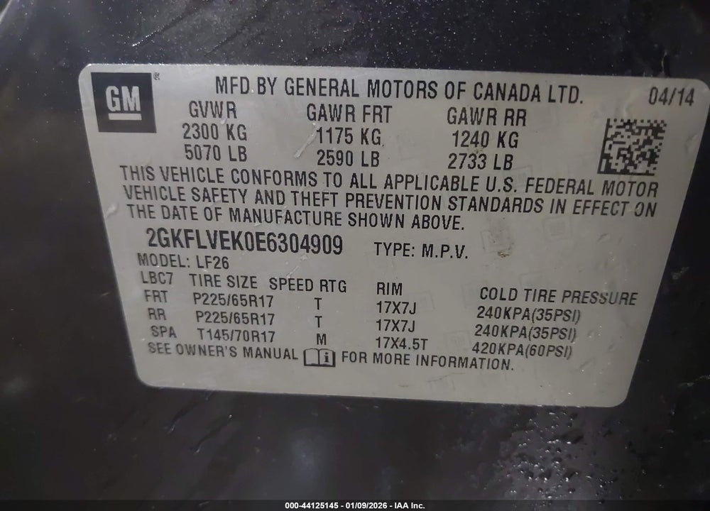 2014 GMC TERRAIN SLE-1 VIN: 2GKFLVEK0E6304909