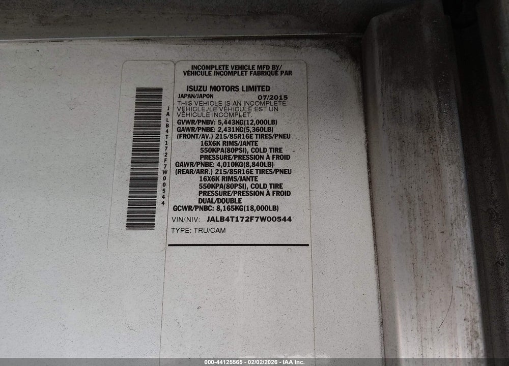 2015 ISUZU COMMERCIAL VAN VIN: JALB4T172F7W00544
