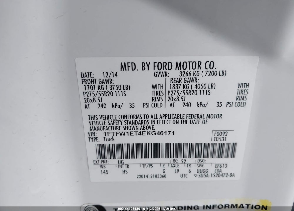 2014 FORD F-150 LARIAT VIN: 1FTFW1ET4EKG46171