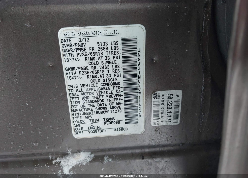 2012 NISSAN MURANO SV VIN: JN8AZ1MU8CW114279