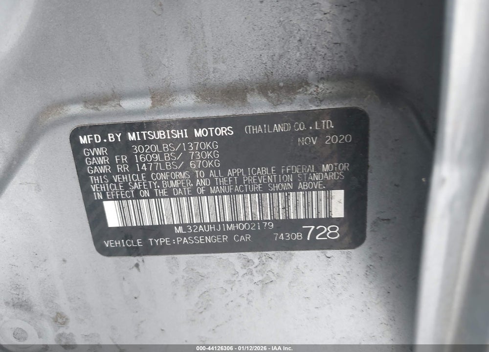2021 MITSUBISHI MIRAGE CARBONITE EDITION/ES/LE VIN: ML32AUHJ1MH002179